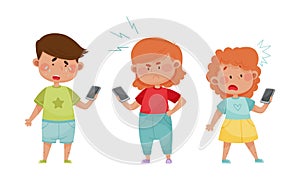 Little Kids with Smartphones and Frustrating Expression on Their Faces Vector Illustrations Set