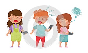 Little Kids with Smartphones and Frustrating Expression on Their Faces Vector Illustrations Set