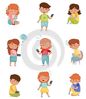 Little Kids with Smartphones and Frustrating Expression on Their Faces Vector Illustrations Set photo