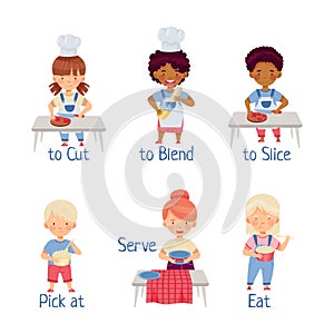 Little Kids Standing at Kitchen Table and Cooking Learning Verbs Vector Set