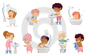 Little Kids Taking Bath, Brushing Teeth and Washing Hands and Face Vector Set