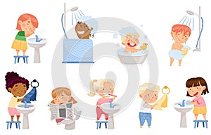 Little Kids Taking Bath, Brushing Teeth and Washing Hands and Face Vector Set