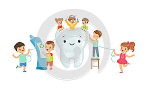 Little Kids Taking Care of Tooth Purity Brushing it With Toothbrush Vector Illustration