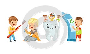 Little Kids Taking Care of Tooth Purity Brushing it With Toothbrush Vector Illustration