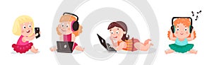 Little Kids Using Mobile Gadget Browsing in the Internet Vector Set