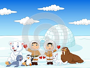 Little kids wearing traditional eskimo costume with arctic animals photo