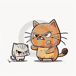 little kitten annoys his father cat, cartoon chibi style, AI generative