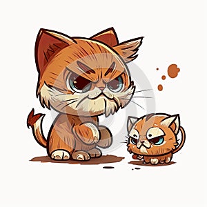 little kitten annoys his father cat, cartoon chibi style, AI generative