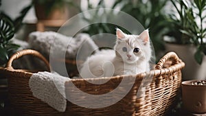 little kitten in basket A sweet kitten with a soft, fluffy coat, lounging in a basket filled with cozy blankets