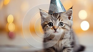 A little kitten celebrates his birthday, Christmas or New Year