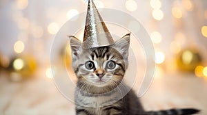 A little kitten celebrates his birthday, Christmas or New Year