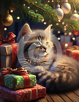 A little kitten guarding the Christmas presents