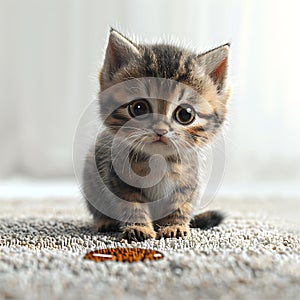 A little kitten made a puddle on the carpet and looks guilty. Teaching pets about hygiene and toileting