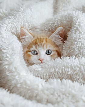 Little Kitten Resting In White Blanket.