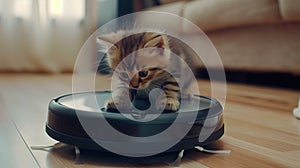 Little kitten riding a robot vacuum cleaner