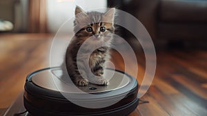 Little kitten riding a robot vacuum cleaner