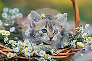 Little kitten sitting in the basket with flowers