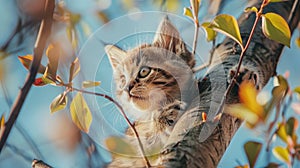 little kittens nestled on a tree, mimicking leaves against the backdrop of the sky in spring. photo