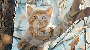 little kittens nestled on a tree, mimicking leaves against the backdrop of the sky in spring.