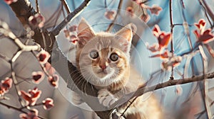little kittens nestled on a tree, mimicking leaves against the backdrop of the sky in spring.