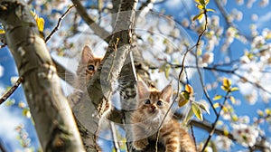 little kittens nestled on a tree, mimicking leaves against the backdrop of the sky in spring. photo