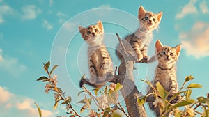 little kittens nestled on a tree, mimicking leaves against the backdrop of the sky in spring. photo