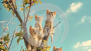 little kittens nestled on a tree, mimicking leaves against the backdrop of the sky in spring. photo