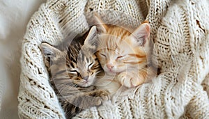 Little kitties friends peacefully sleep together in knitted sweater showcasing heartwarming friendship. Amidst dreams, they exude