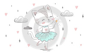 Little kitty with a magic wand dancing with clouds