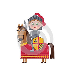 Little knight in iron armor on horse