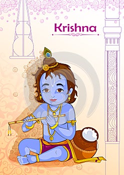 Little Krishna playing bansuri flute on Janmashtami background