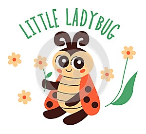 Little Ladybug- Cute calligraphi phrase. Carton doodle style, Funny Red Ladybugs. photo