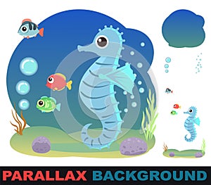 Little landscape. Sea Horse. Set parallax effect. Underwater life. Wild animals. Ocean, sea. Summer water. Isolated on