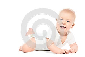 Little laughing crawling baby on white