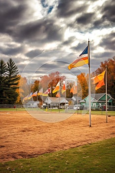little league baseball field with flags waving
