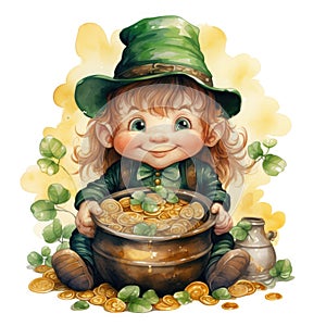 Little leprechaun with pot full of gold coins. Watercolor cartoon illustration