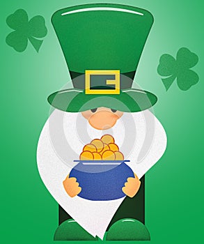 Little Leprechaun with Shamrocks and a Pot of Gold with Clipping Path on Green