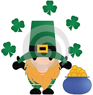 Little Leprechaun with Shamrocks and a Pot of Gold with Clipping Path on White