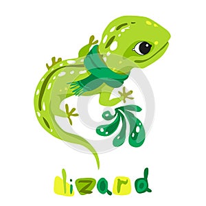 Little light green lizard in a green scarf, cute baby cartoon lizard character with big eyes. Made in a flat style, for children`