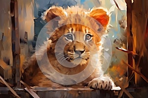 Little Lion cub locked in cage. Skinny lonely lion in cramped jail behind bars, sad look. Prisoner. In style of oil