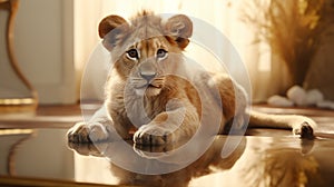 A little lion, its youthful gaze reflected in the pristine clarity of a polished mirror, bathed in soft