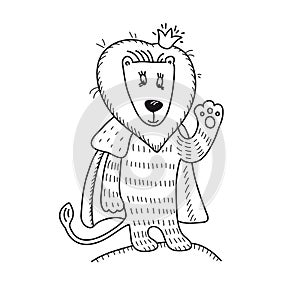 The little lion king in the crown and fur cape. Cute animal waving paw. Hand-drawn russian lubok. Fairystory doodle