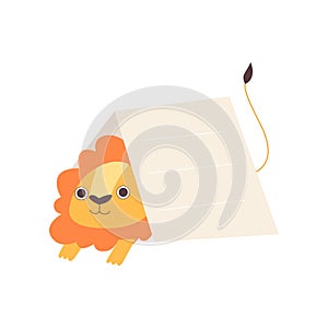 Little Lion Sitting Under Empty Banner, Cute Cartoon Animal with Blank Sign Board Vector Illustration
