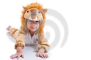 Little lovely asian boy costumed like a lion. Isolated on white