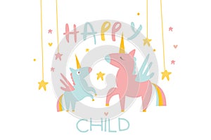 Little lovely unicorn and his mom surrounded by stars. Happy child. Fairy tale creatures with one horn, wings and