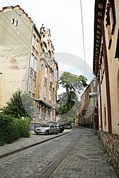 Little Lviv street, with old houses and road paved with cobblestone