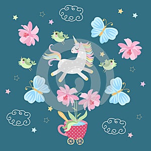 Little magical unicorn is sporting in the air with birds and butterflies. Greeting or invitation card in vector