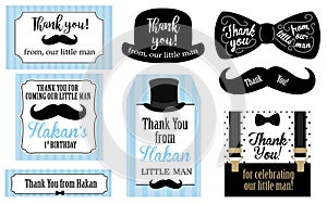 Little man birthday party Baby shower party tags. Thank you favor card.