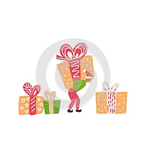 Little man carry gift huge boxes. Concept of a small character. Holiday delivery. Santa helper. Vector hand drawn doodle flat