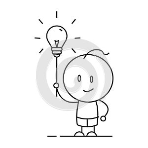 Little man character having an idea. Vector thin line doodle icon illustration with little person with lightbulb. Searching for